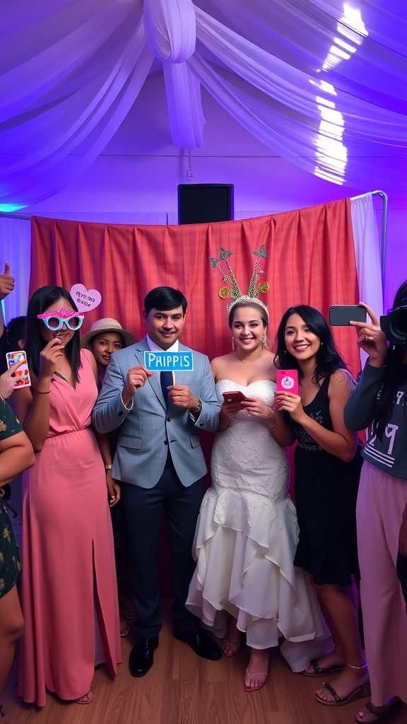 A joyful group of wedding guests posing in a photo booth with props, including the bride and groom.
