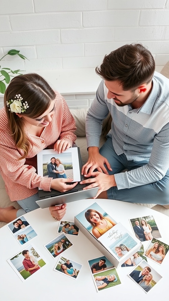 A couple reviewing printed photos and a wedding album together, surrounded by memories.