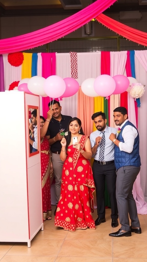 A vibrant DIY photo booth setup with colorful balloons and backdrops at a wedding.
