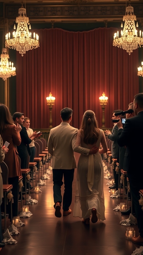 A couple walking down the aisle in a beautifully decorated venue, surrounded by guests.