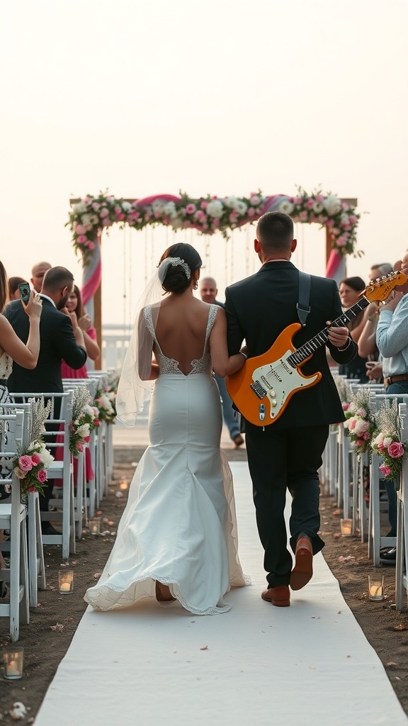 A couple walking down the aisle at a wedding, with the groom playing guitar
