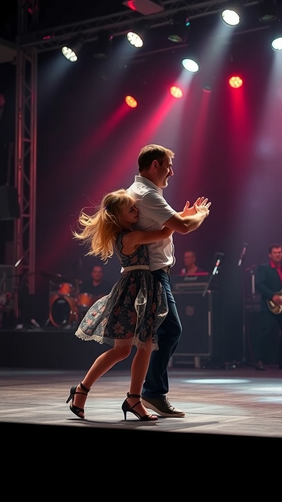 Father and daughter dancing together on stage with bright lights