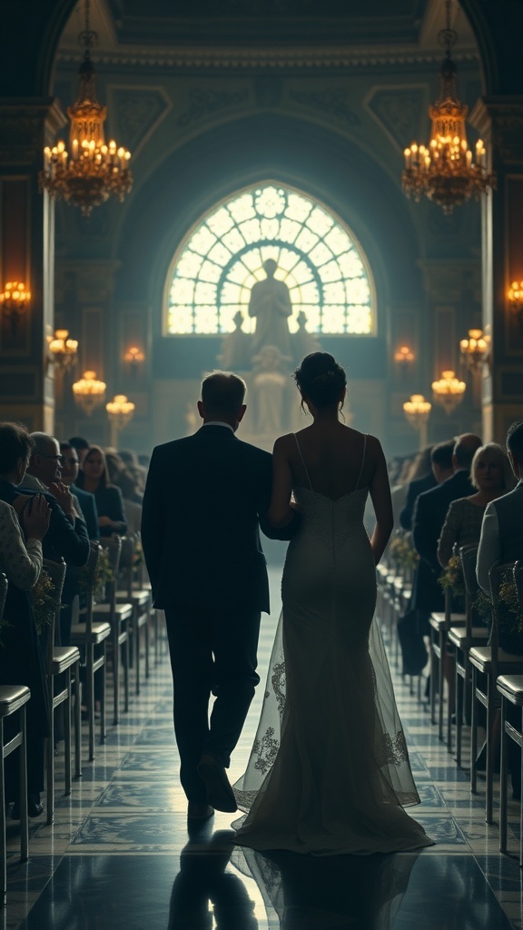 A bride walking down the aisle with her father in a beautifully lit venue.