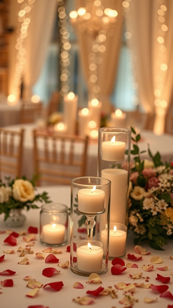 Candlelit glass jar centerpieces with candles and rose petals on a wedding table