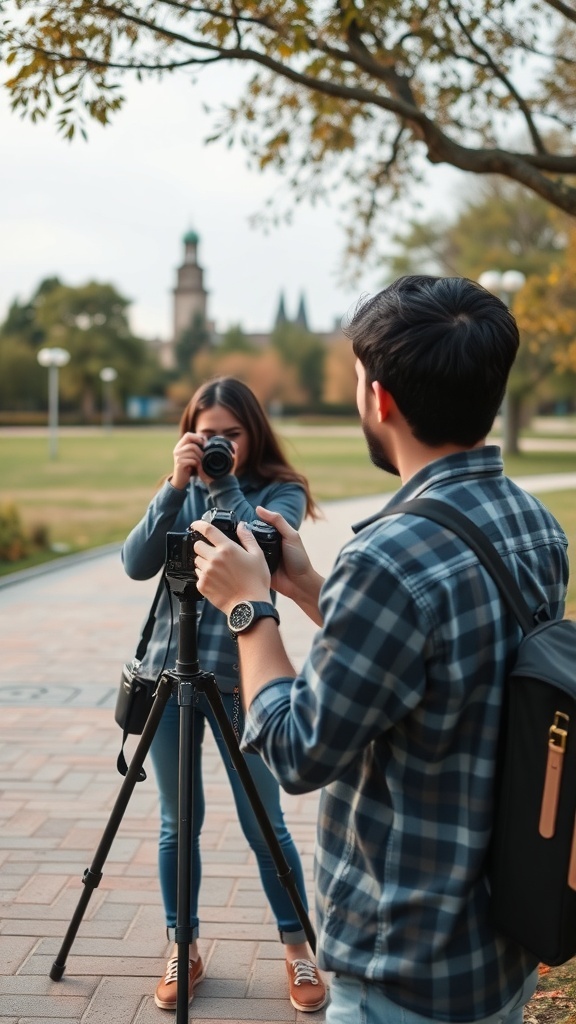 Two photographers working together in a park, one adjusting a camera on a tripod while the other takes a photo.