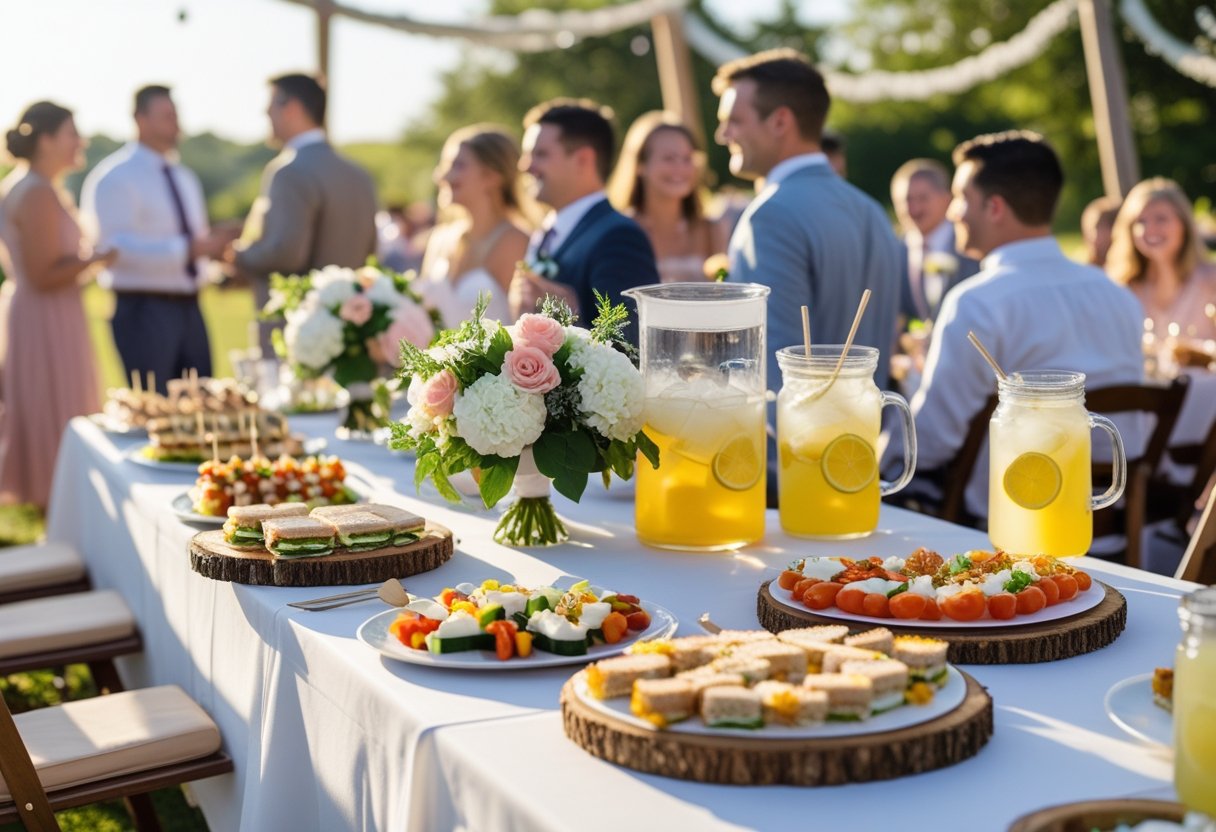 Guests enjoying a wedding reception outdoors with simple food platters and pitchers of drinks on a decorated table.