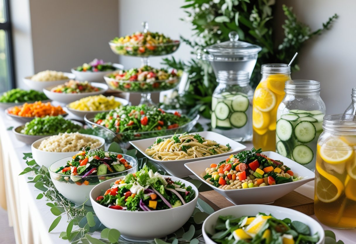 A wedding buffet table with various salads, side dishes, and drinks arranged attractively for a reception.