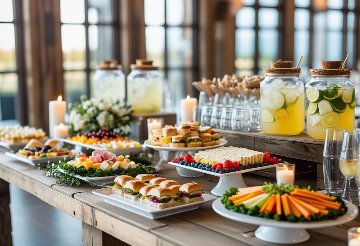 A wedding buffet table with affordable finger foods and drinks arranged neatly with simple decorations in a bright reception venue.